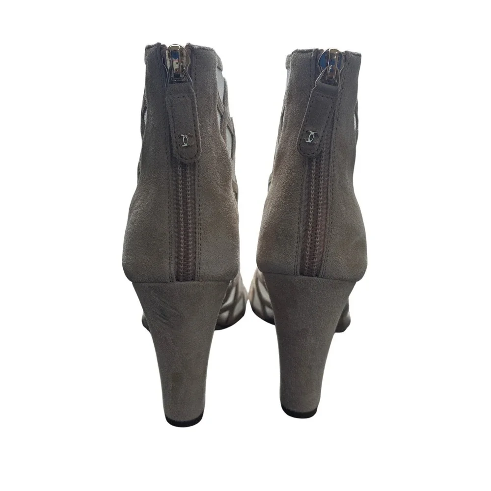 Chanel Taupe Suede Cage Booties EU 36 Peep Toe‎ Heels 3.5